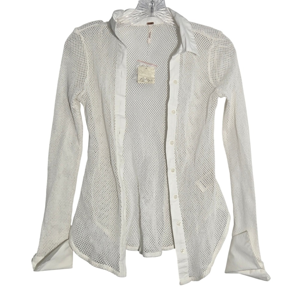 Free People Optic White Cotton Mesh Button‎ Down Shirt OB1800782 Womens XS